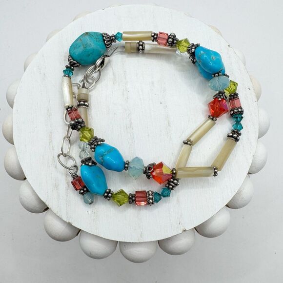 Turquoise Chunk Faceted Colorful Glass Sterling Silver Beaded Necklace Bohemian - Picture 1 of 11